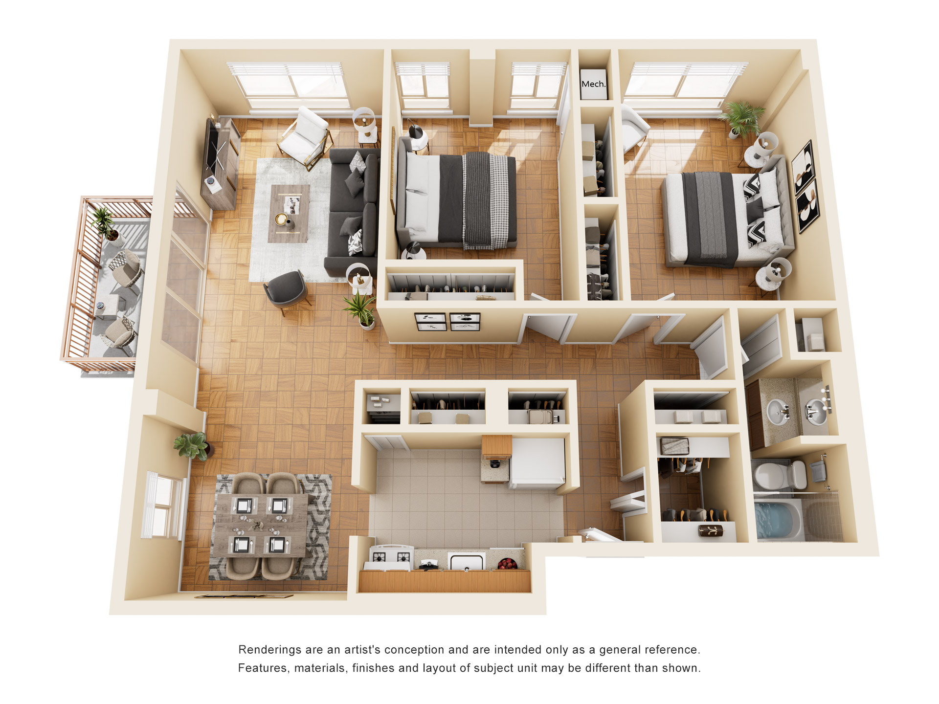 Floor plan for 2 beds, 1 bath, 1035 sqft